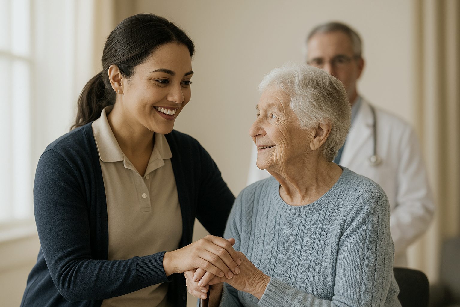 A home health aide sits with an older woman at home while a Nexstep physician looks on