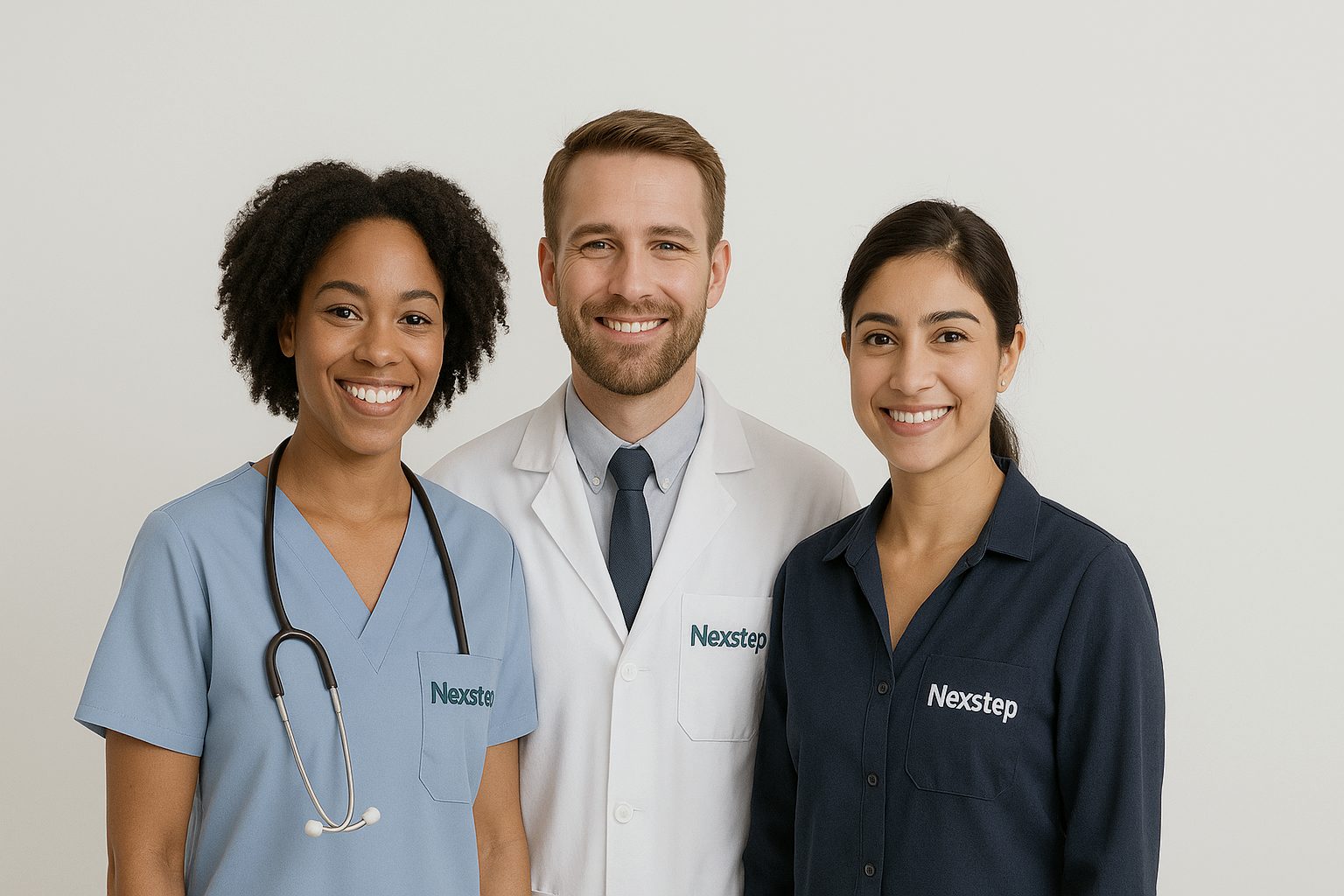 The Nexstep care team: a nurse, physician and aide in Nexstep uniforms